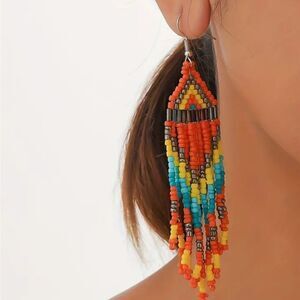 Handmade Native American-Style Beaded Tassel Fashion Earrings Orange